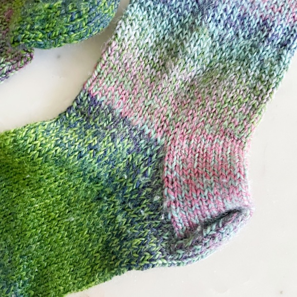 Hand Knit Wool Blend Socks, in Multicolor Green, Pink & Purple - Picture 6 of 11